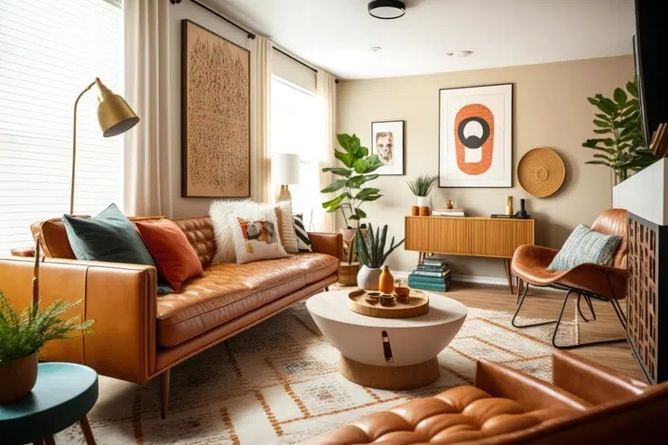 living room mid century style with warm colors ai generative 123827 23931